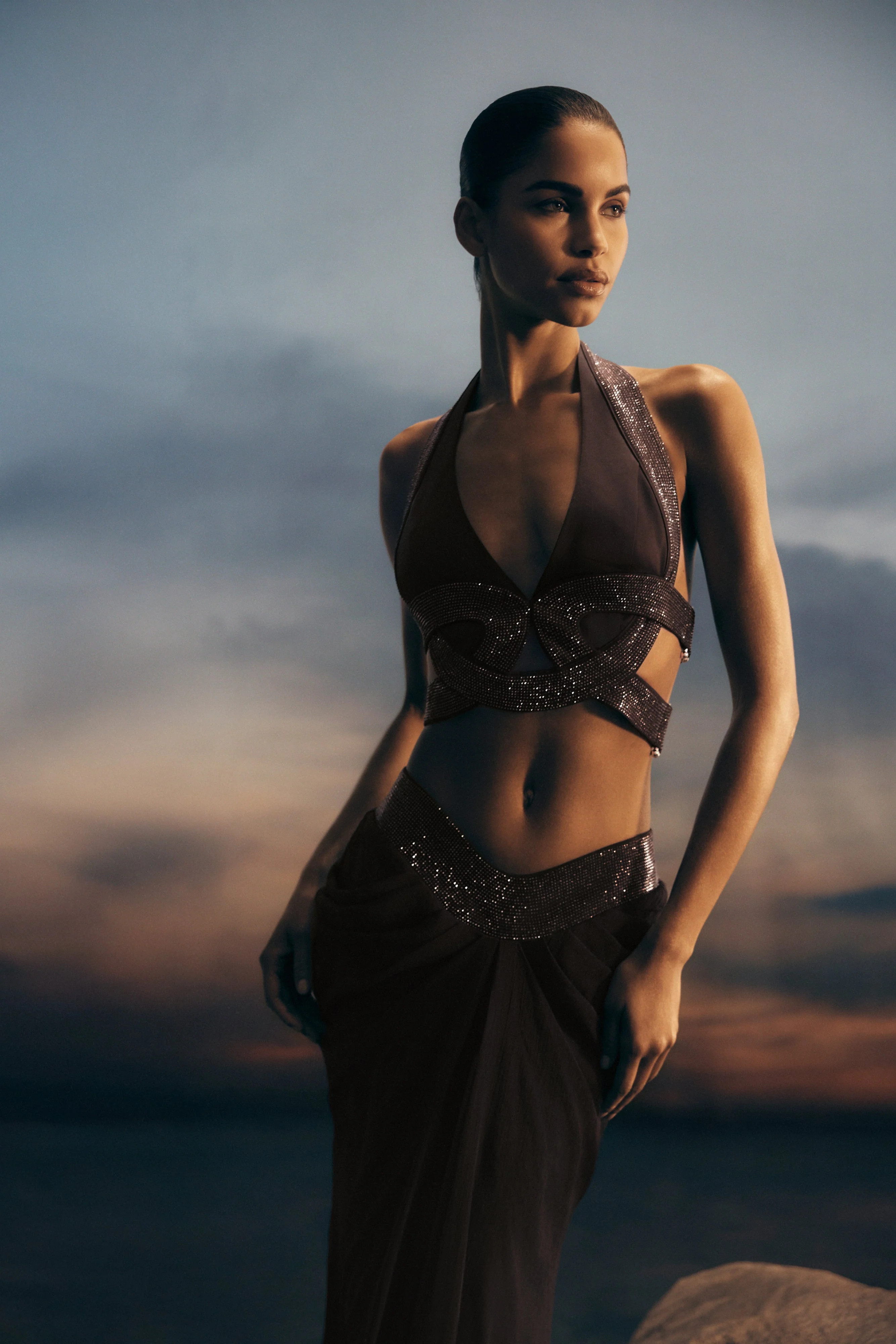 Siren Satin And Diamante Halter Top - Dark Chocolate | MESHKI US