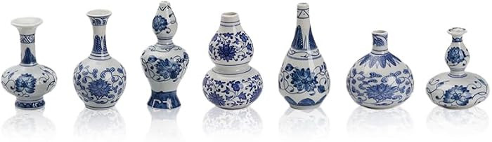 Blue and White Porcelain Mini Vase Set of 7 - Vintage Chinoiserie Decorative Bud Vases - Small Floral Vases for Home Decor, Bookshelf, Mantel, and Wedding Centerpieces | Amazon (US)