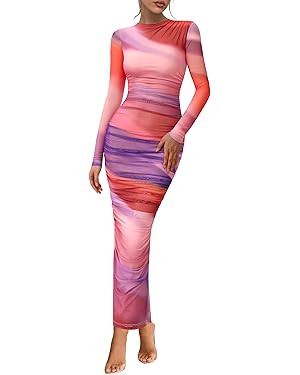 PRETTYGARDEN Women's Long Sleeve Maxi Dress 2025 Fall Ruched Bodycon Floral Mesh Formal Wedding G... | Amazon (US)