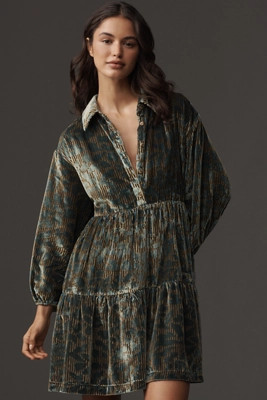 The Bettina Velvet Tiered Mini Shirt Dress by Maeve | Anthropologie (US)