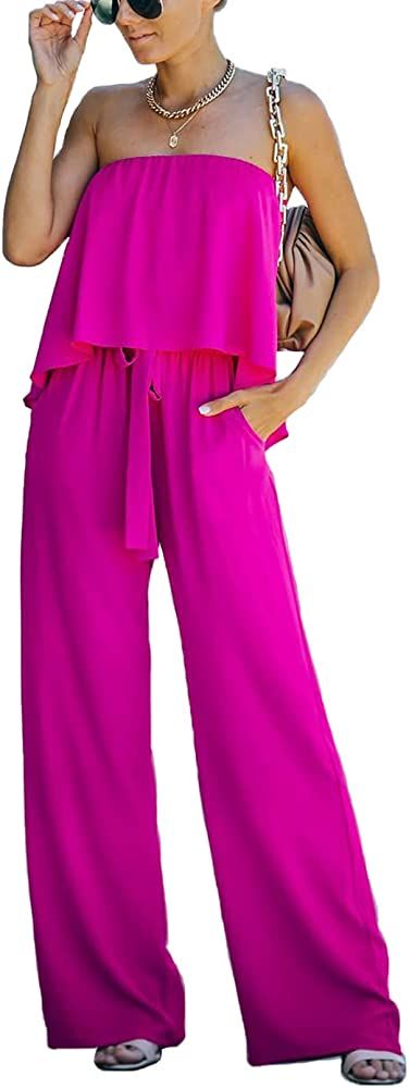 Yissang Women's Casual Off Shoulder Strapless Ruffle Wide Leg Long Palazzo Pants Jumpsuit Romper | Amazon (US)