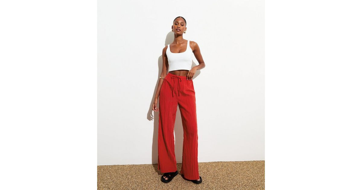 Red Crinkle Texture Wide Leg Trousers | New Look | New Look (UK)