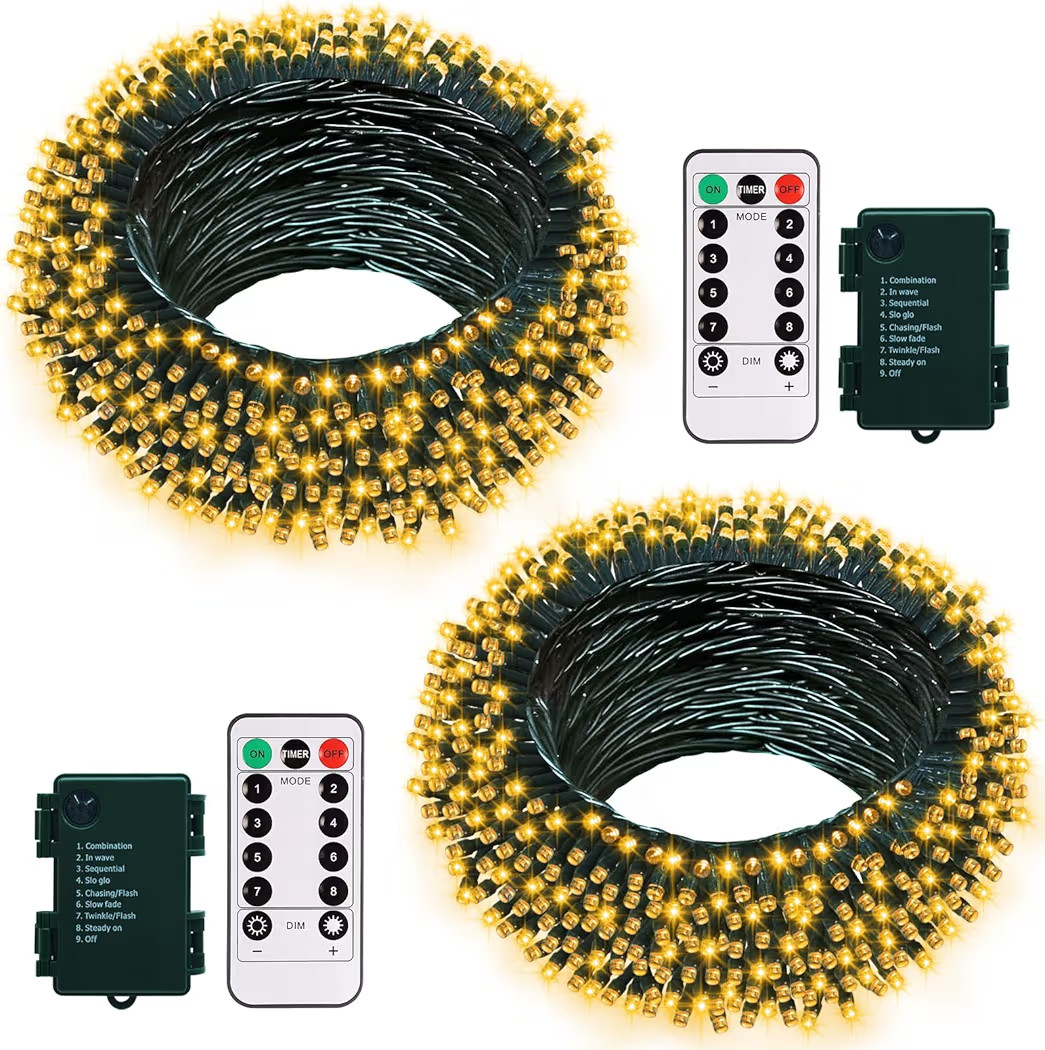 2 Pack Christmas String Lights Battery Operated, 33Ft 100 LED Fairy Lights Waterproof Green Wire ... | Amazon (US)