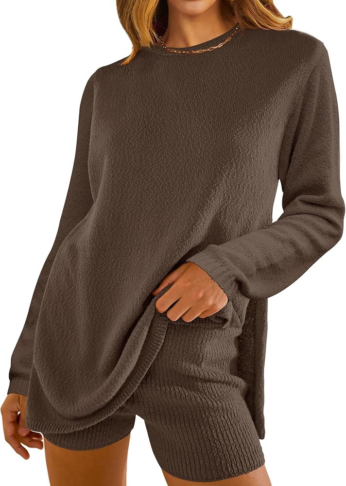 NENONA Women's 2024 Casual Two Piece Knit Outfits Long Sleeve Tunic Sweaters Top and Shorts Loung... | Amazon (US)