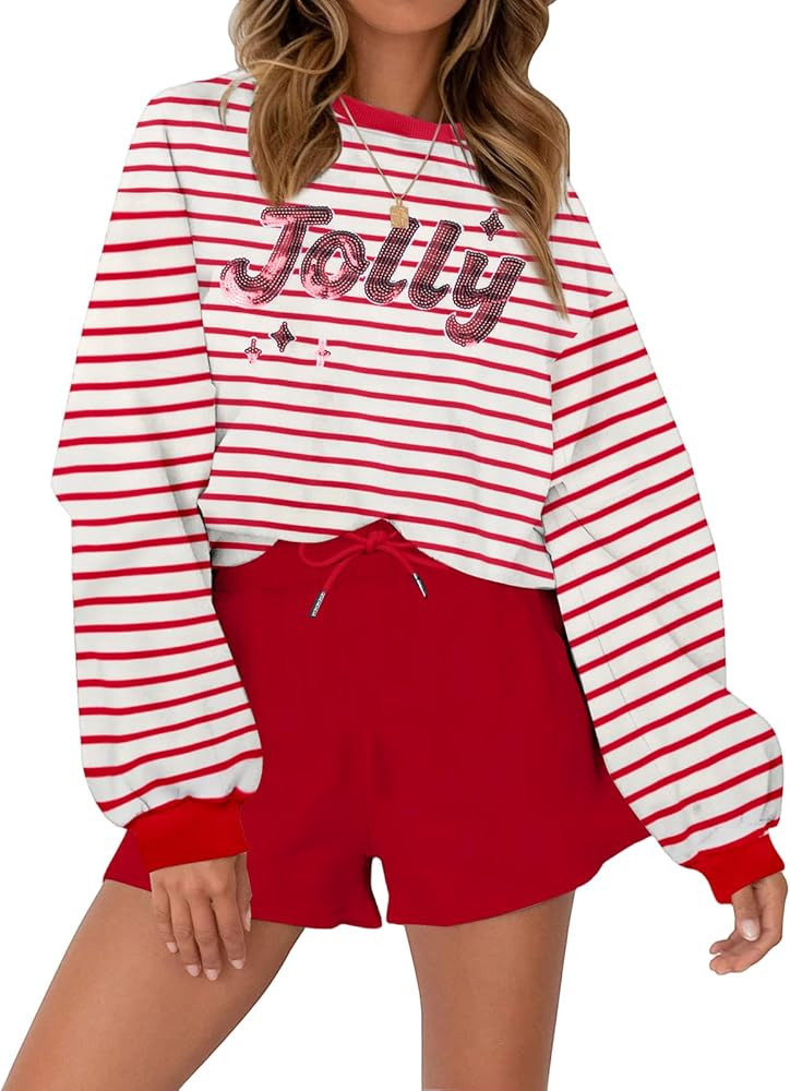 VILOVE Christmas Sweat Shorts Sets Women 2 Piece Merry Xmas Jolly Sequin Outfit Oversized Casual ... | Amazon (US)