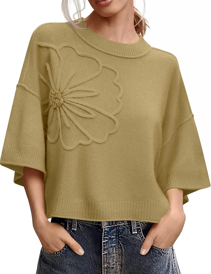 Women's Short Sleeve Sweaters Crew Neck 3D Flower Loose Fit 2026 Spring Summer Lightweight Casual... | Amazon (US)