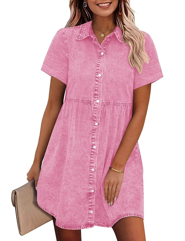 GRAPENT Denim Dress for Women Babydoll Tiered Short Sleeve Button Down Jean Shirt Dresses | Amazon (US)