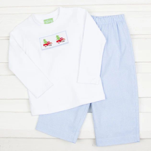 Tree Truck Smocked Pant Set Blue Gingham | Classic Whimsy