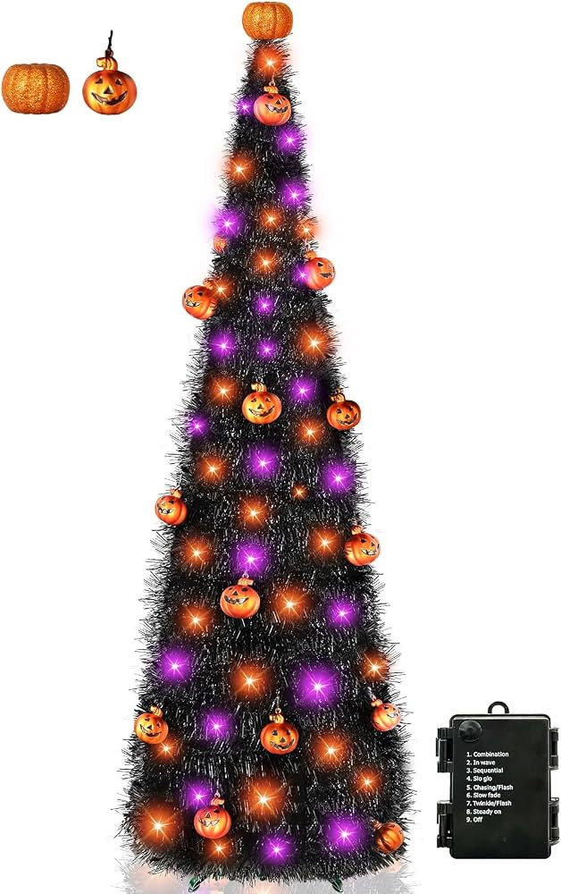 [Timer& Pumpkin] 6 Ft Black Tinsel Halloween Tree with 60 LED Orange Purple Lights, Pop Up Artifi... | Amazon (US)