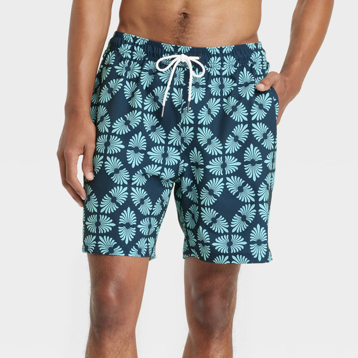 Men's 7" Leaf Print Swim Shorts with Boxer Brief Liner - Goodfellow & Co™ Navy Blue | Target