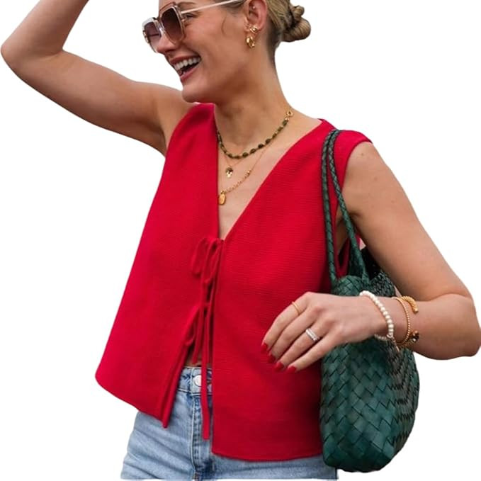 Womens Tie Front Sweater Vest Knit V Neck Lace Up Sleeveless Cardigan Casual Knitted Vest | Amazon (US)