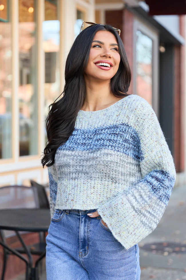 Ellis Tan And Blue Cropped Sweater SALE | Pink Lily