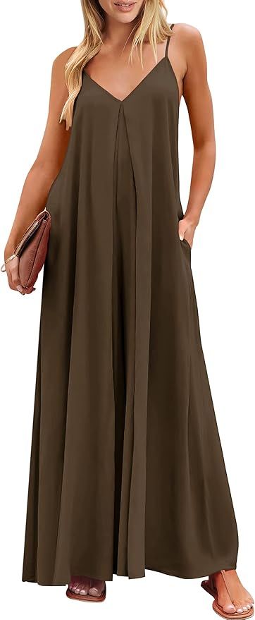 ANRABESS Women's Summer Casual Spaghetti Strap V Neck Oversized Wide Leg Jumpsuit Pockets Beach T... | Amazon (US)