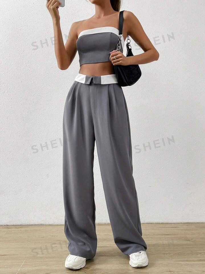 SHEIN EZwear Kontrast Saum, Tube Top mit & Hose mit geradlinigen Beinen | SHEIN