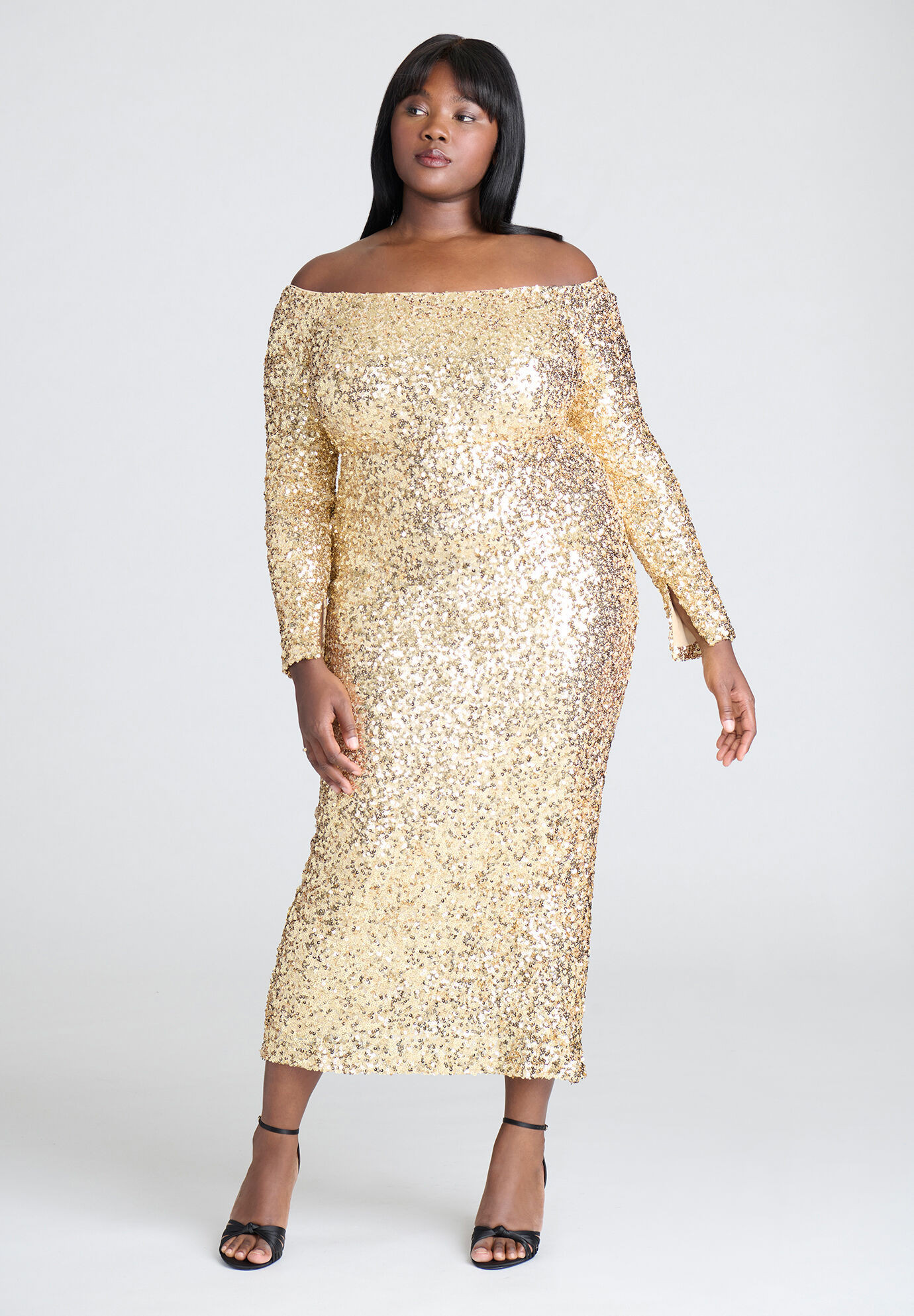 Off The Shoulder Sequin Column Dress | Eloquii