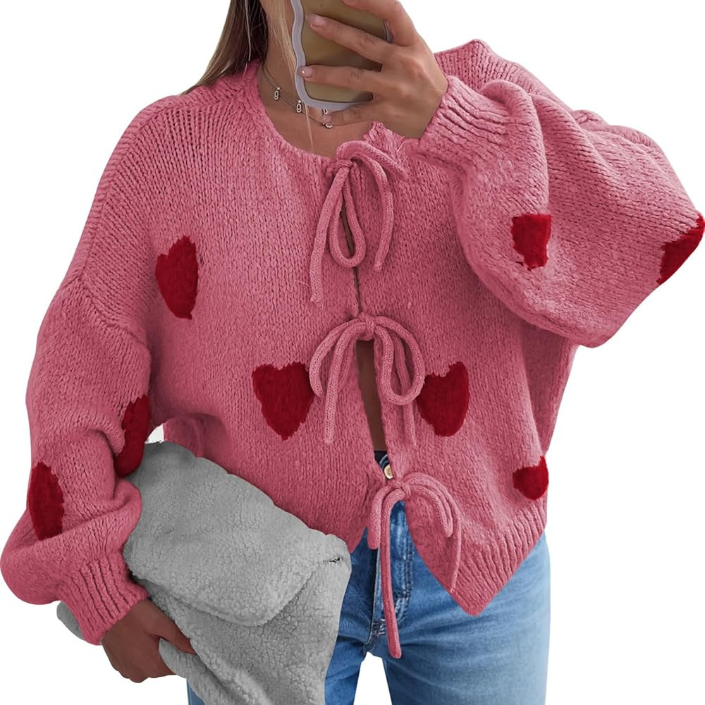 Pink Queen Women's 2025 Tie Front Bow Cardigan Sweaters Chunky Knit Long Sleeve Heart Print Knitt... | Amazon (US)