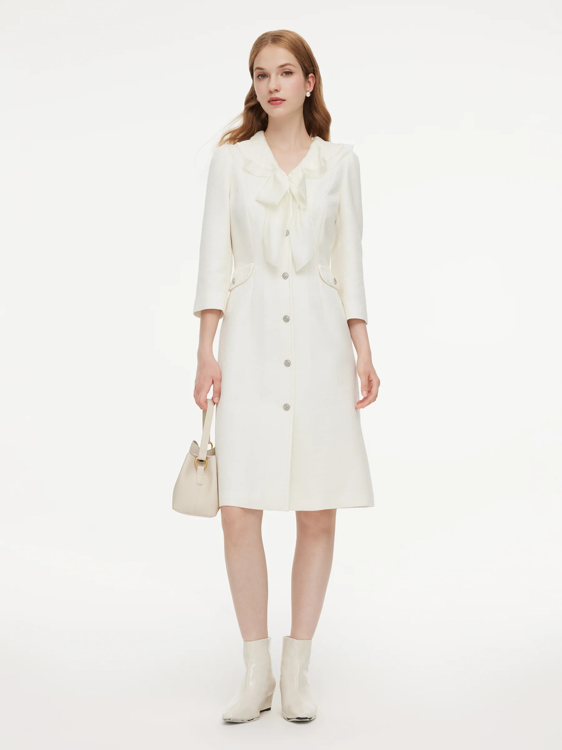 Wool Blend Tweed 3/4 Sleeve Women Midi Dress With Detachable Ruffle Collar | GOELIA