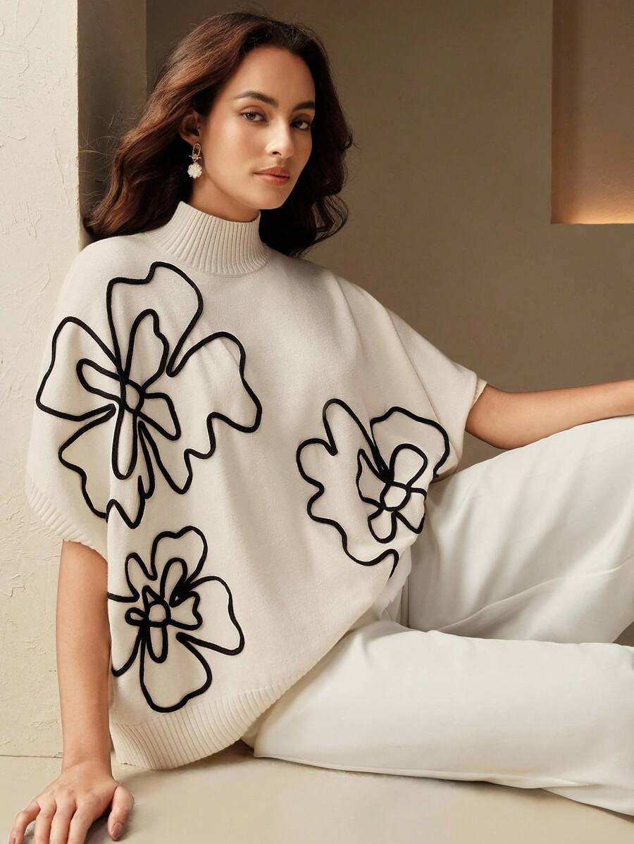 Anewsta Women Stand Collar Batwing Sleeve Floral Embroidery Knit Top | SHEIN