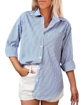 thefabland Women's Blouses Striped Long Sleeve Shirts Button Down Loose Fit Casual Tops | Amazon (US)