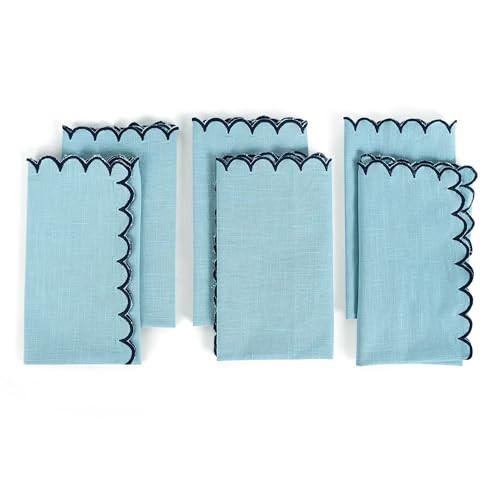FINGERCRAFT Cloth Napkins, Everyday Use Scallop Design, Premium Quality Cotton Napkin Set of 6 Perfect for Parties Dinners Weddings Easter Napkin Cloth 20x20 inch Aqua/Navy | Amazon (US)