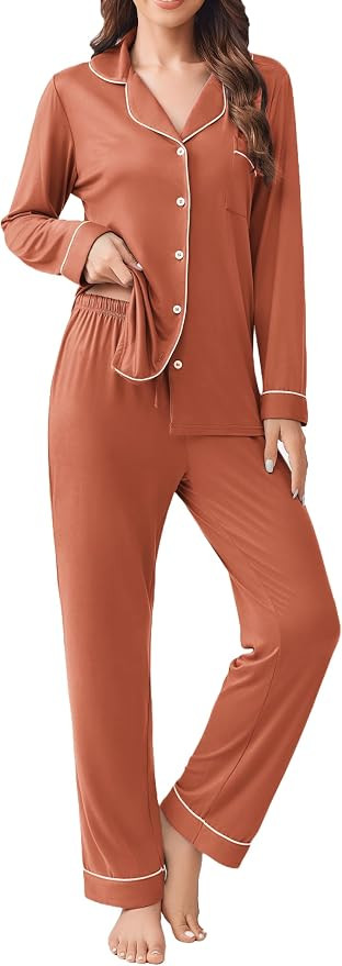 Ekouaer Womens Pajamas Set 2 Piece Button Down Pjs Soft Long Sleeve Top and Pants Sleepwear Set L... | Amazon (US)