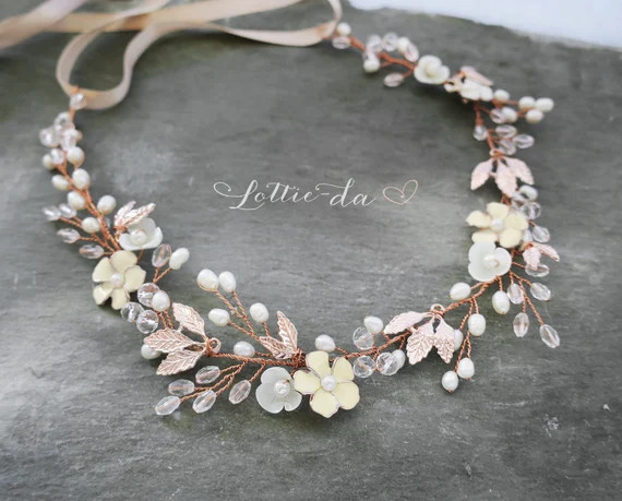 Boho Wedding Flower Hair Vine, Bridal Hair Vine Headband with leaves and flowers, Gold, Rose Gold... | Etsy (US)