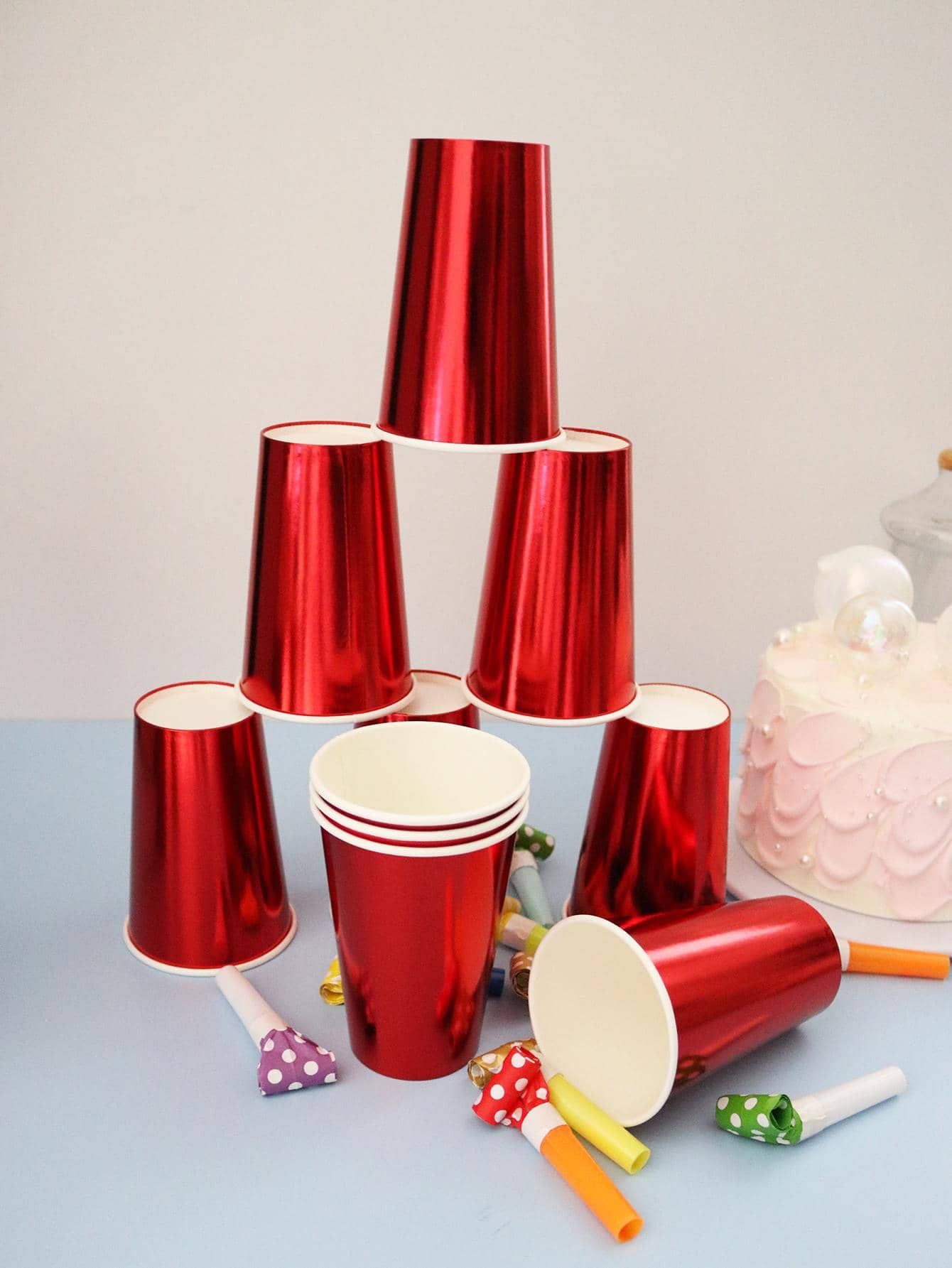 10pcs Plain Disposable Cup, Mirror Surface Red Paper Cup For Party | SHEIN