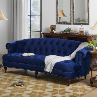 La Rosa 85 in. Navy Blue Velvet 3-Seater Chesterfield Sofa with Nailheads | The Home Depot