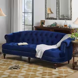 La Rosa 85 in. Navy Blue Velvet 3-Seater Chesterfield Sofa with Nailheads | The Home Depot
