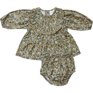 Mebie Baby Elegant Venetian Floral Long Sleeve Ruffle Cotton Dress | Sizes 0-3 Months to 6 Years | Mebie Baby