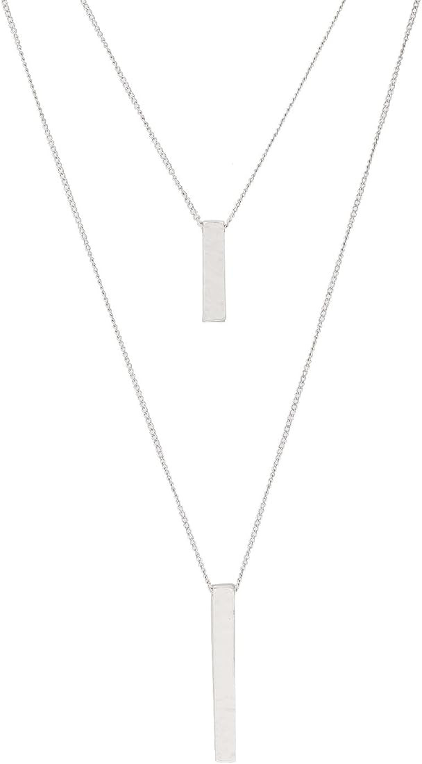 JYJ Women's Layered Long Necklaces for Women Double Layers Choker Necklace Hammered Bar Pendant Neck | Amazon (US)