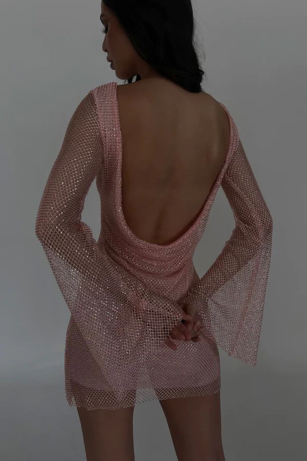 Samira Flare Sleeve Diamante Mesh Mini Dress - Baby Pink | Meshki (APAC)
