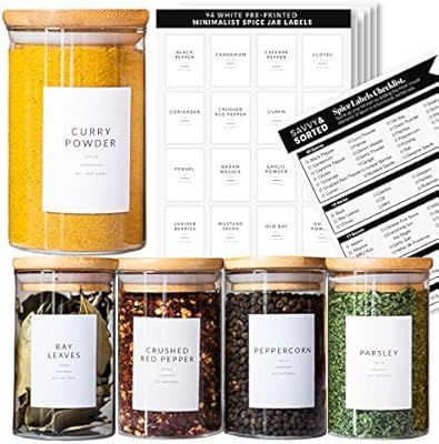 Spice Jar Labels Preprinted - Minimalist Black Text White Label - Fit Round or Rectangle Spice Ja... | Amazon (US)