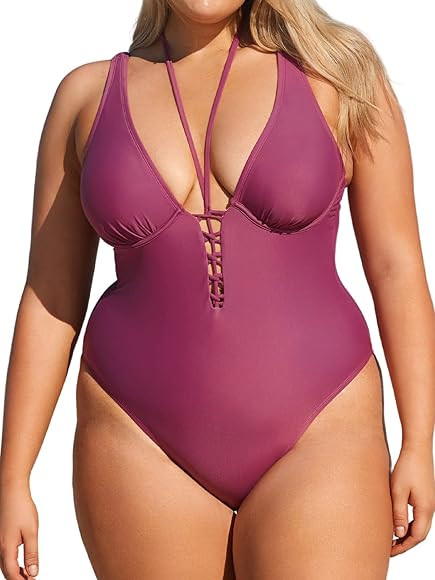 CUPSHE Women Swimsuit Plus Size One Piece Bathing Suit Deep V Neck Halter Crisscross Front with Adju | Amazon (US)