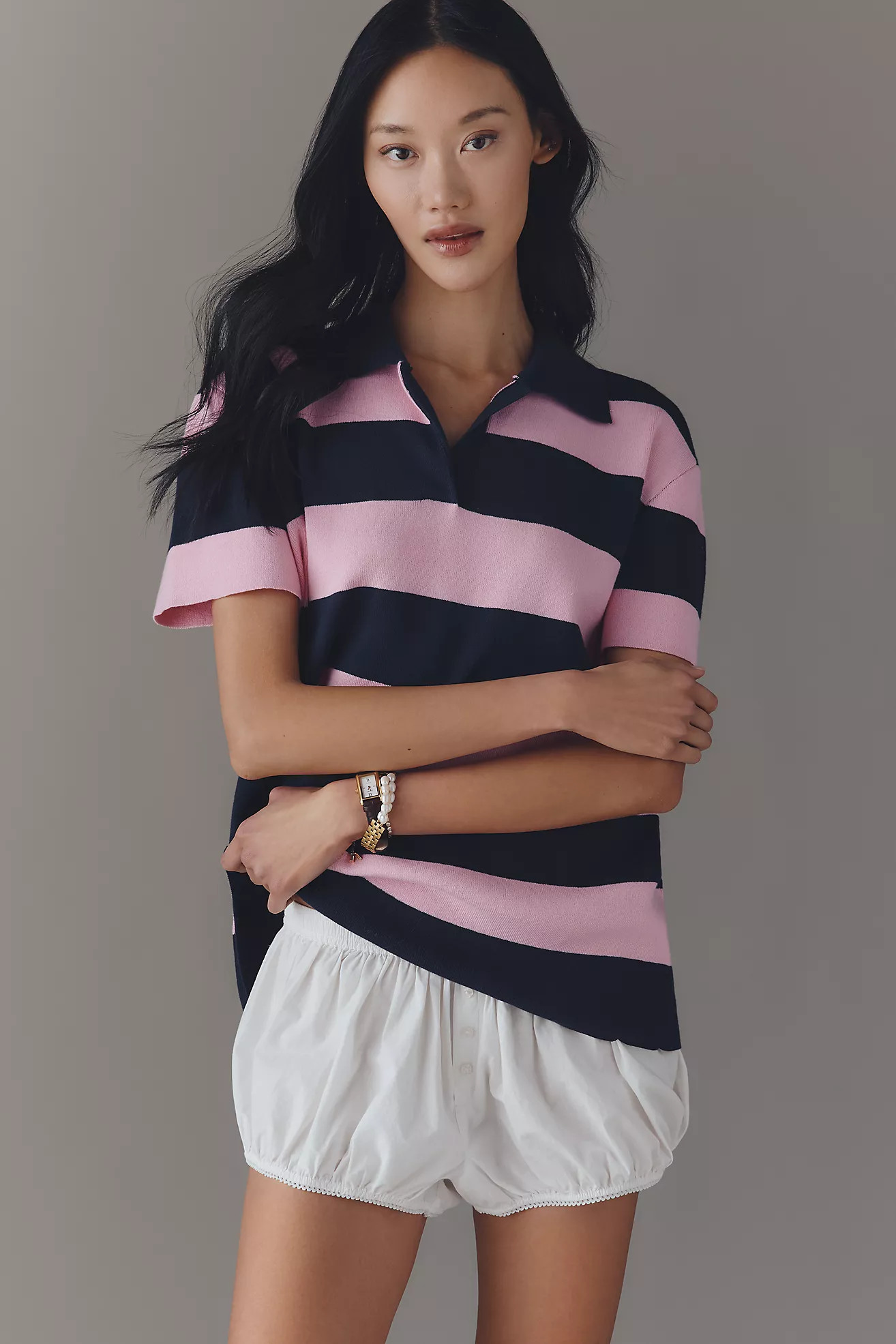 Maeve Boxy Short-Sleeve Rugby Polo Top | Anthropologie (US)