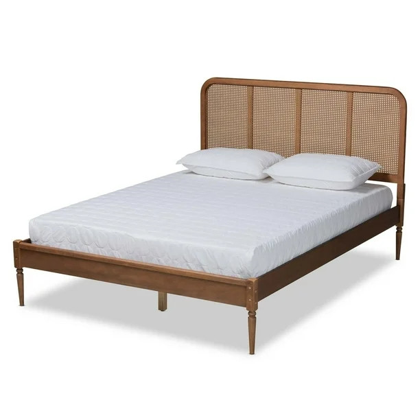 Baxton Studio Elston Mid-Century Modern Walnut Brown Finished Wood and Synthetic Rattan Queen Siz... | Walmart (US)