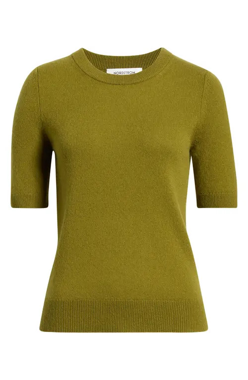 Nordstrom Cashmere Short Sleeve Crewneck Sweater in Olive Woodland at Nordstrom, Size Small | Nordstrom