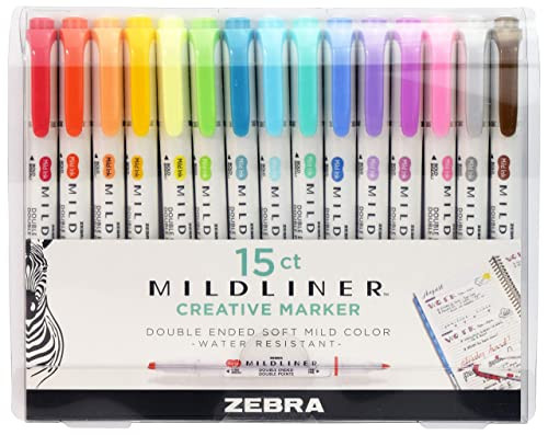 Zebra Pen Mildliner Double Ended Highlighter Set, Chisel and Bullet Tips, Assorted Ink Colors, 15-Pack | Amazon (US)