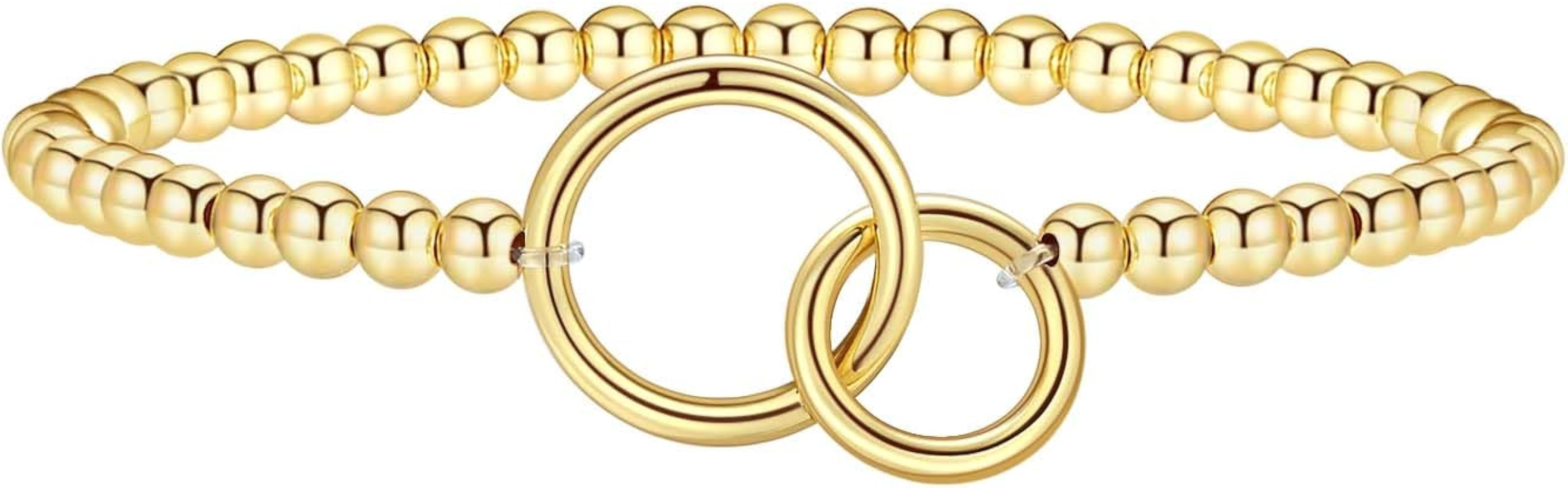 Easter Basket Stuffers - Beaded Bracelets for Women 14K Silver Gold Plated Stretch Handmade Ball ... | Amazon (US)