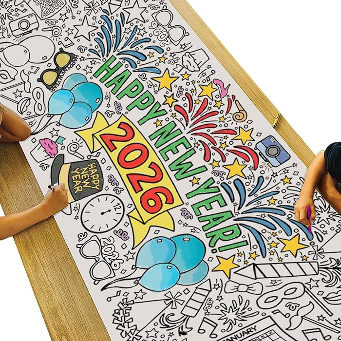Tiny Expressions New Years Coloring Tablecloth for Kids - Rolled, No Creases 30" x 72" NYE Giant ... | Amazon (US)