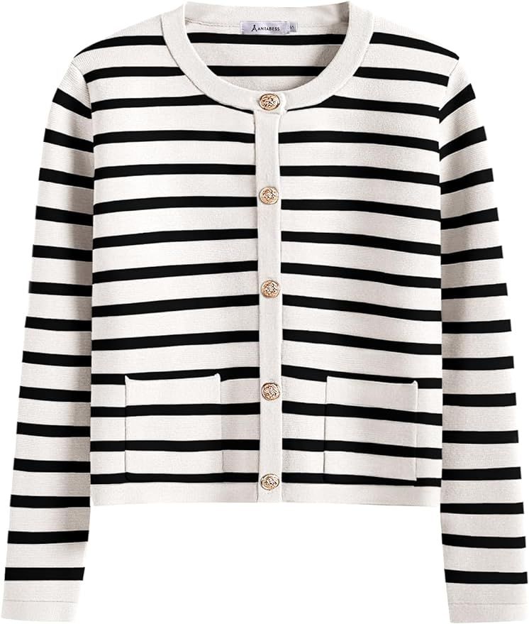 ANRABESS Women Striped Cardigan Sweaters Button Down Cropped Knit Lady Jackets Coat 2024 Fall Out... | Amazon (US)