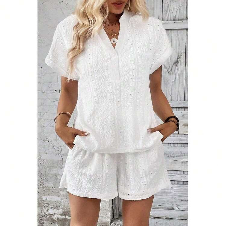 Notched Short Sleeve Top And Shorts Set | SHEIN