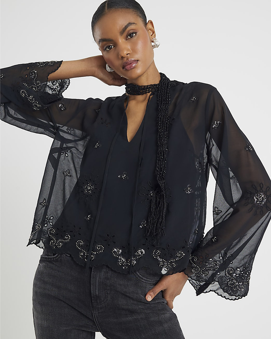 Black Chiffon Embellished Cutwork Blouse | River Island UK & IE