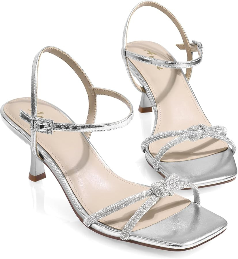 Ankis Kitten Heels Rhinestone Strappy Square Open Toe Gold Silver Ankle Strap Sandals for Women W... | Amazon (US)