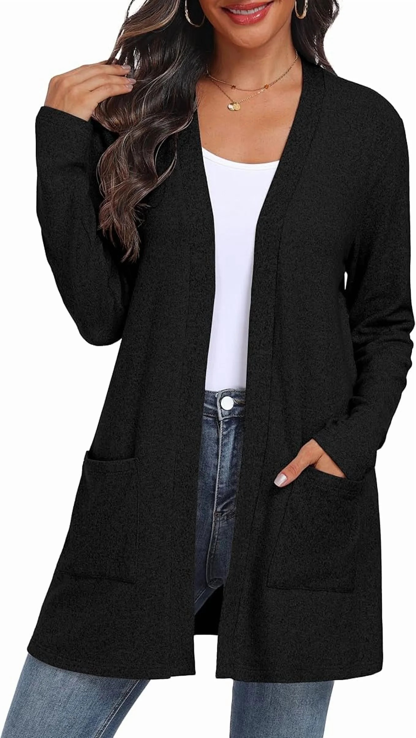 JWD Women's Cardigan Open Front Lightweight Cardigan Long Sleeve Sweater Cardigans with Pockets B... | Walmart (US)