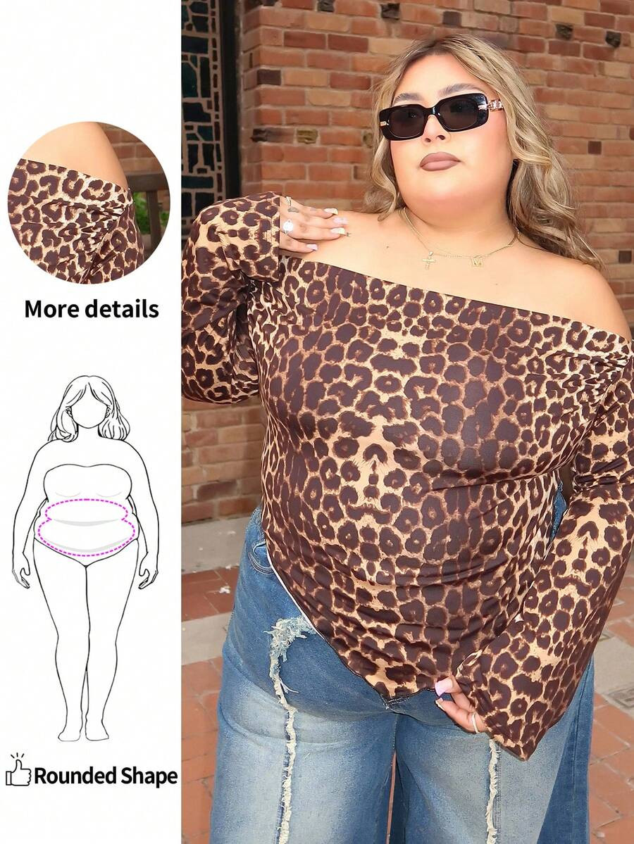 Enliva Melanieangelese Plus Size Women's Fashion Leopard Print Off Shoulder Asymmetric Hem T-Shir... | SHEIN