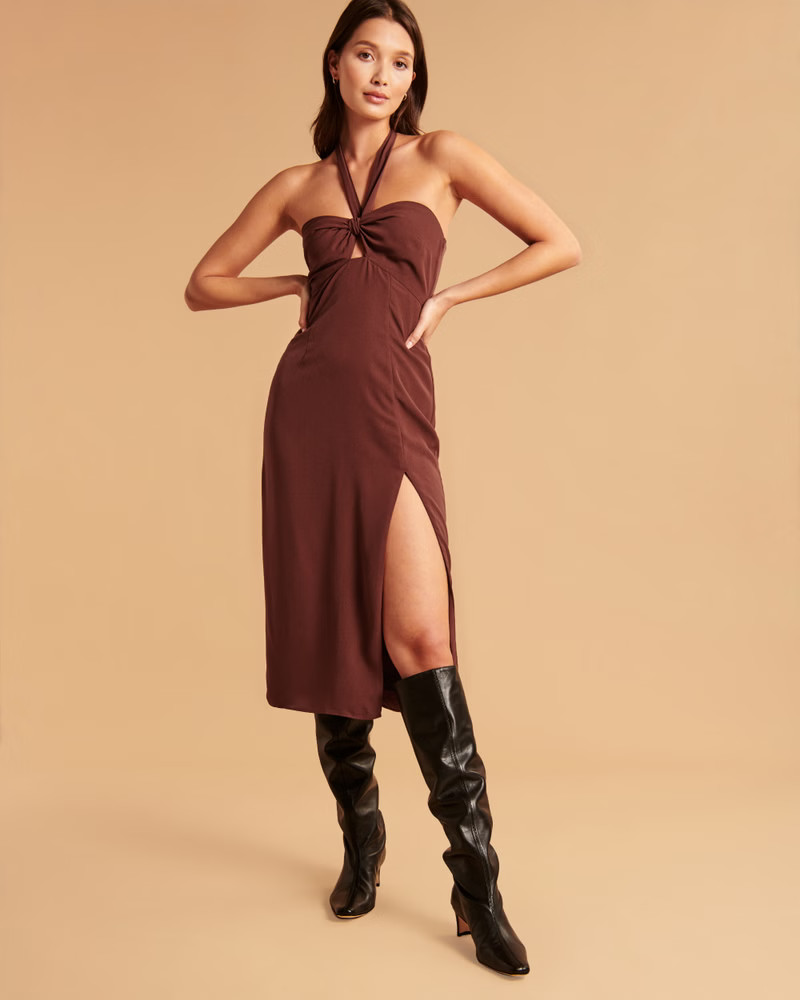 Women's Knot-Front Cutout Halter Midi Dress | Women's Up To 40% Off Select Styles | Abercrombie.c... | Abercrombie & Fitch (US)