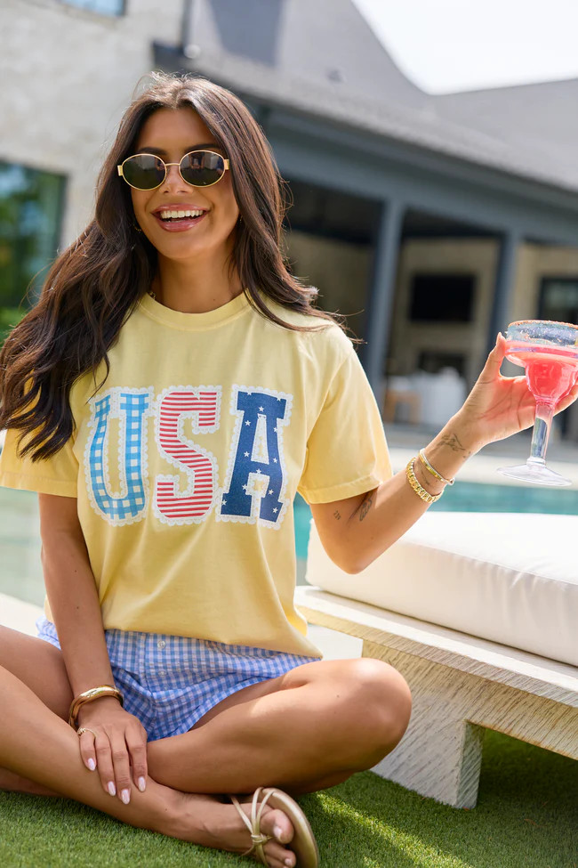 USA Lace Print Yellow Graphic Tee | Pink Lily