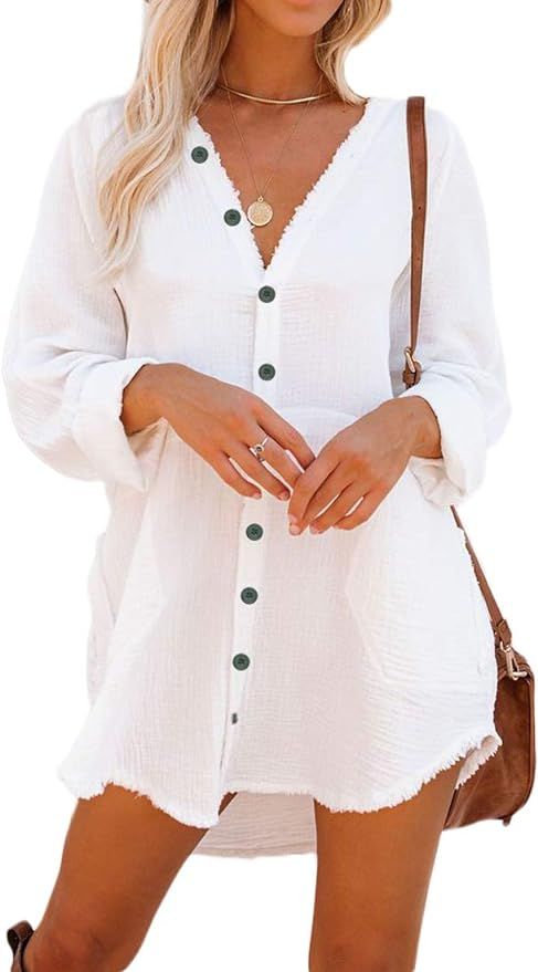 Button Down Tunic for Women Long Sleeve V Neck Blouse Shirt with Frayed Trim Relaxed Fit | Amazon (US)