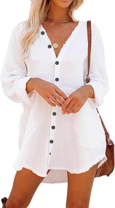 Button Down Tunic for Women Long Sleeve V Neck Blouse Shirt with Frayed Trim Relaxed Fit | Amazon (US)